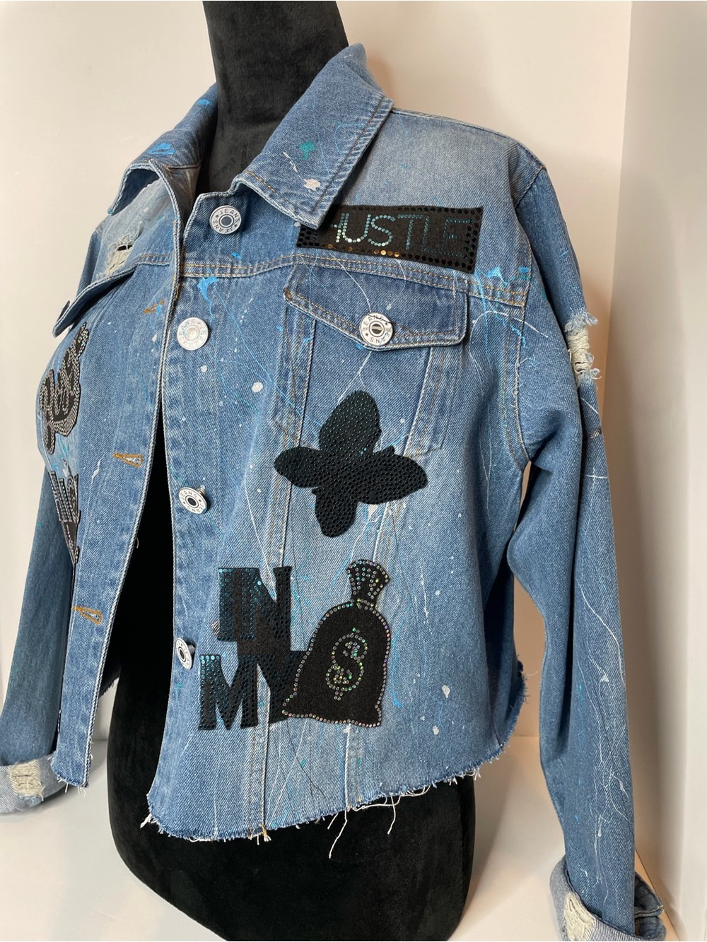 Denim Embellished Cropped Jacket - Blue - Picture 3 of 4